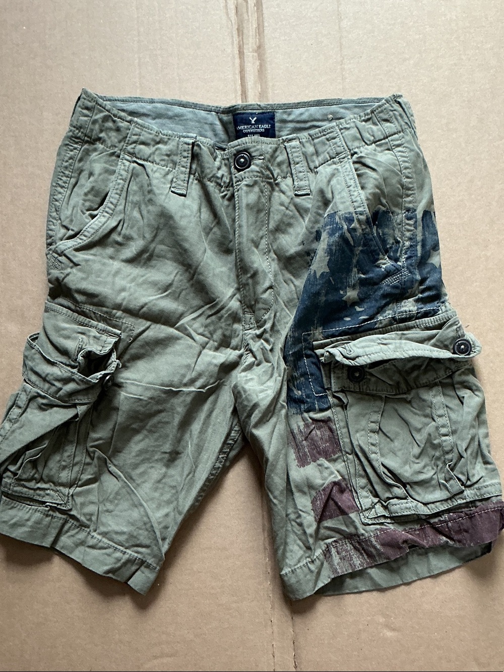 American Eagle Outfitters Olive Cargo Shorts with Flag Graphic